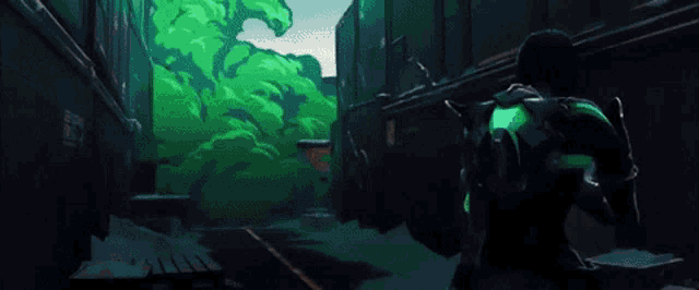 a man in a green suit is standing in a dark alleyway looking at a green explosion in the background .