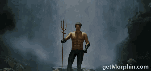 a man holding a trident in front of a waterfall with the website getmorphin.com written below him
