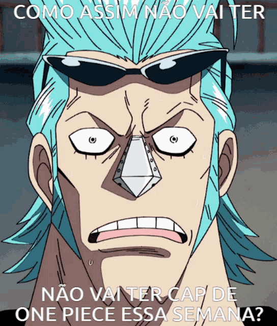 franky from one piece is wearing sunglasses and a diamond nose ring