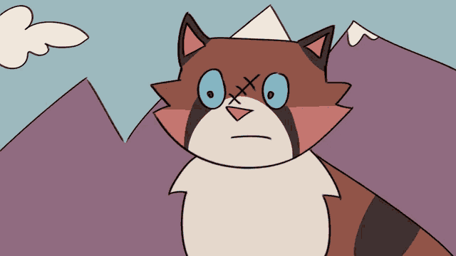 a cartoon cat with mountains in the background has a cross on its forehead