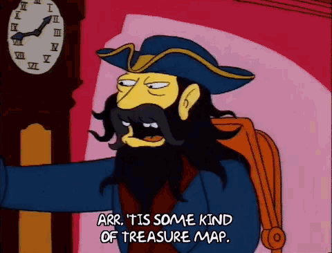 a cartoon character says arr it is some kind of treasure map in front of a clock