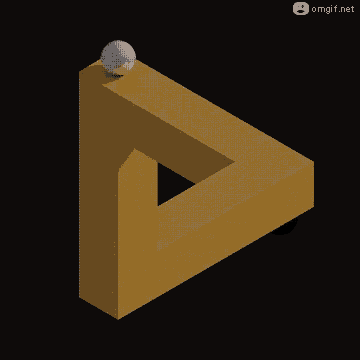an optical illusion of a wooden triangle with a ball in the middle