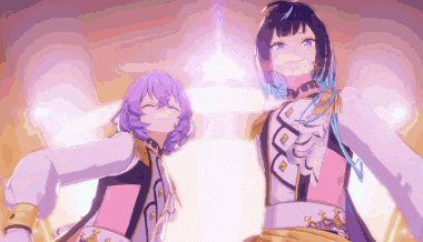 two anime girls with purple hair are standing next to each other and smiling