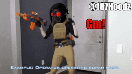 a man in a gas mask is holding a nerf gun in front of a door that says gm