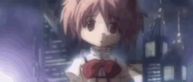 a girl with pink hair and a red bow tie is standing in front of a building in a dark room .