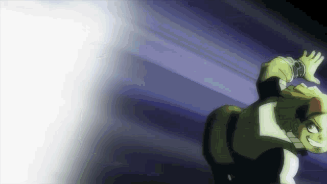 a cartoon character with a purple background and a white light coming out of his hand