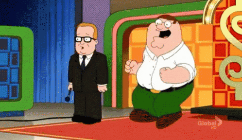 a cartoon of peter griffin standing next to a man in a suit and tie