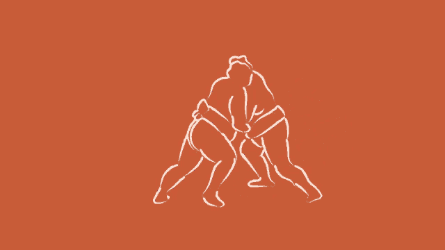 a drawing of two sumo wrestlers with the word shidoshi in blue behind them