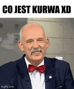 a man with a mustache is wearing a suit and bow tie and says co jest kurwa xd