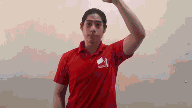 a man in a red shirt with a white flag on it is raising his arm