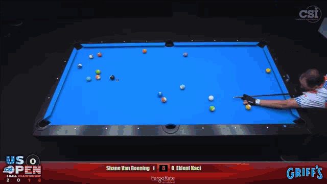 a pool table with us open written on the bottom