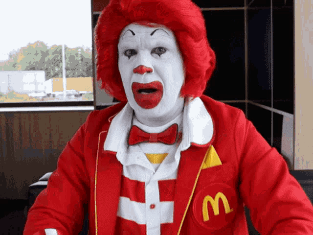 a mcdonald 's clown with red hair and a m on his jacket