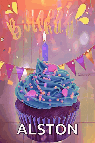 a cupcake with blue frosting and a lit candle with the name alston on the bottom