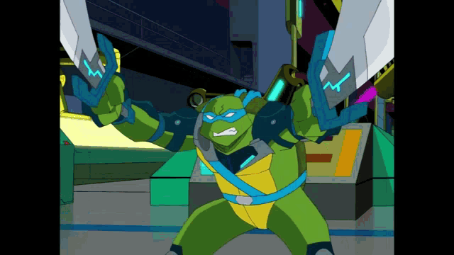 a teenage mutant ninja turtle holding two swords