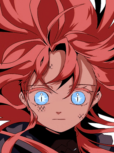 a drawing of a girl with red hair and blue eyes with the letter i on her forehead