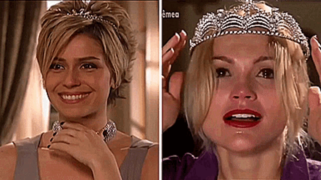 a woman wearing a tiara is smiling next to another woman wearing a purple jacket