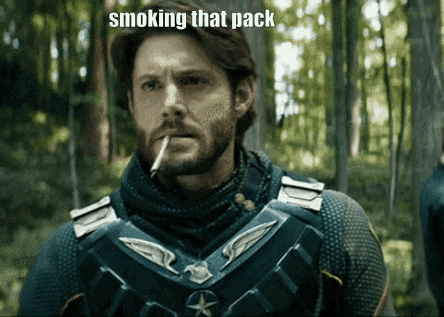 a man in a military uniform is smoking a cigarette with the caption smoking that pack