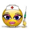 a nurse smiley face is holding a syringe and wearing a nurse hat .