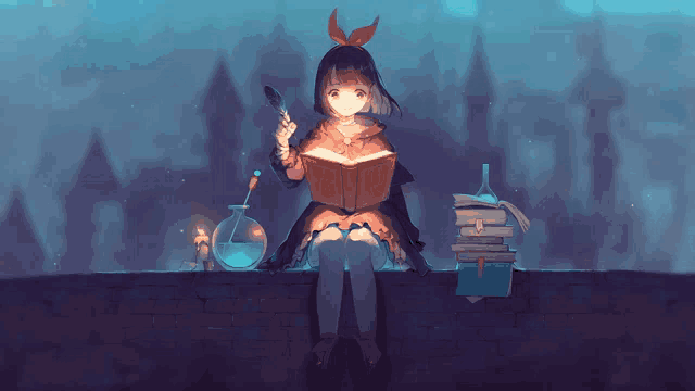 a girl with a bow on her head is sitting on a wall reading a book