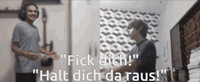 a man wearing headphones talks to another man with the words " halt dich da raus " behind him
