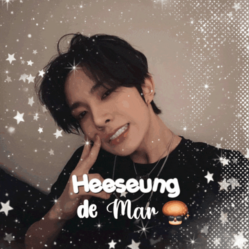 a picture of a young man with the name heeseung de mar on the bottom