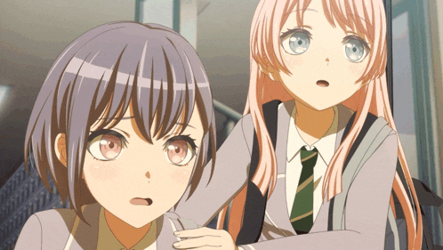 two anime girls are standing next to each other and one has pink hair