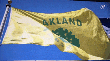 a yellow flag that says akland is flying in the wind