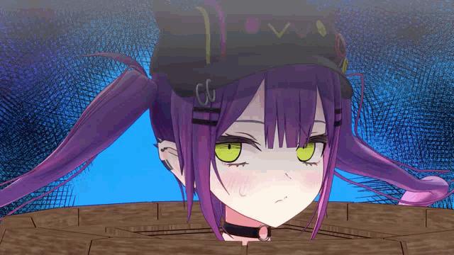 a girl with purple hair and green eyes is wearing a black hat with the letters cc on it