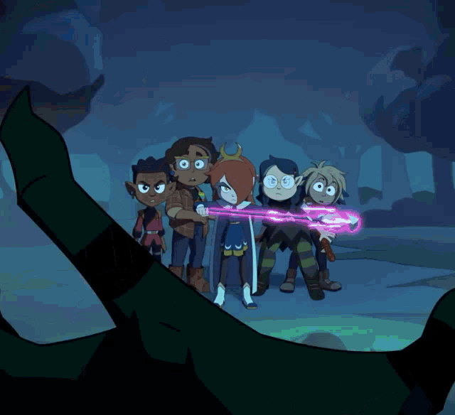 a group of cartoon characters are standing around a monster