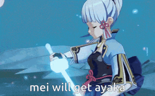 a girl is holding a sword in her hand and the words mei will get ayaka are written below her .
