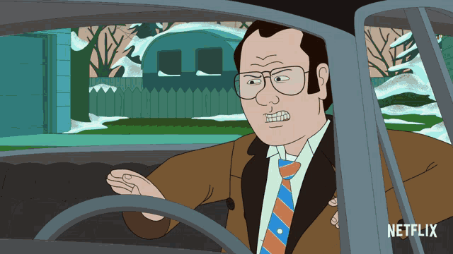 a cartoon of a man driving a car with a netflix logo on the bottom