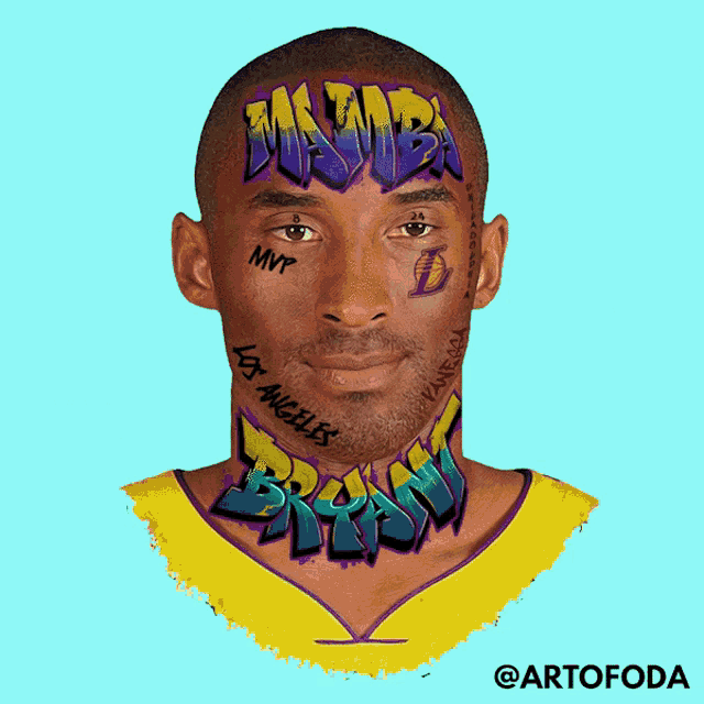a portrait of kobe bryant with graffiti on his face and neck