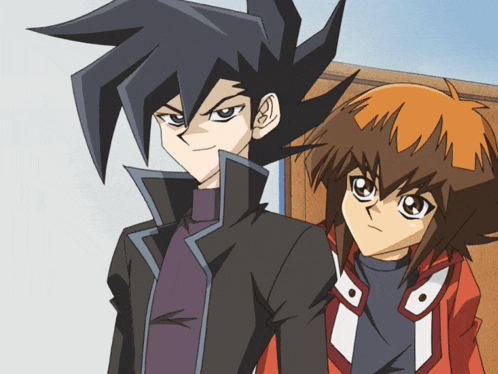 two anime characters standing next to each other with one wearing a red jacket