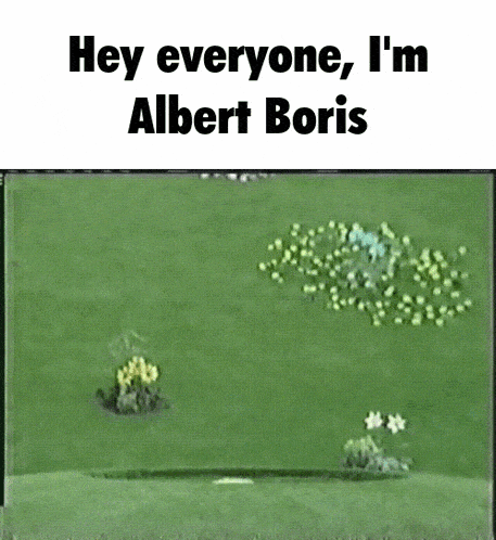 a picture of a lawn with flowers and the words hey everyone i 'm albert boris