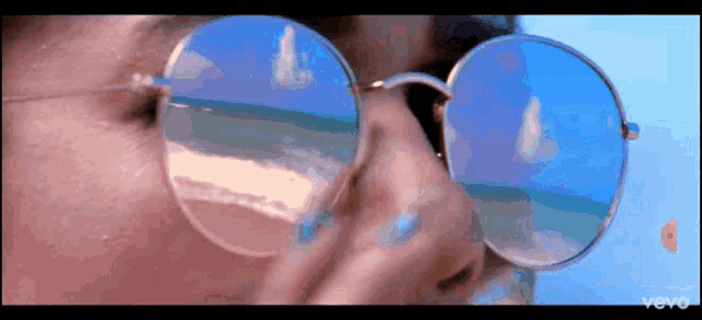 a close up of a person wearing sunglasses with a reflection of the ocean in them
