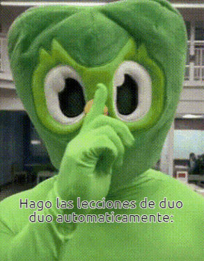 a green mascot is covering his mouth with his finger and says hago las lecciones de duo duo automaticamente .