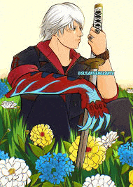a drawing of a man holding a sword in a field of flowers .