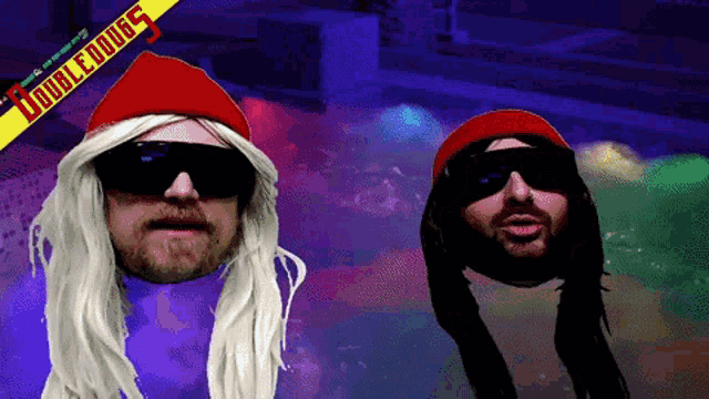two men wearing wigs and sunglasses are standing next to each other with a yellow sign that says double doughs on it