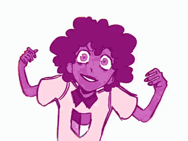a cartoon character with purple hair is making a funny face and pointing at the camera .