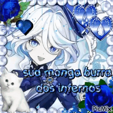a picture of a girl with white hair and blue hearts with the words sua monga burro dos infernos
