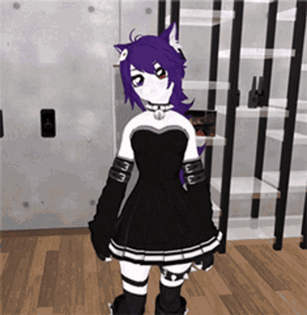 a girl with purple hair is standing in a room