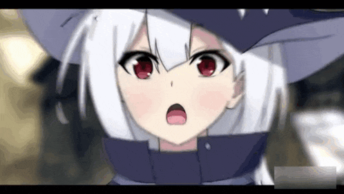 a close up of a girl with white hair and red eyes wearing a hat .