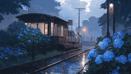 a painting of a train station in the rain