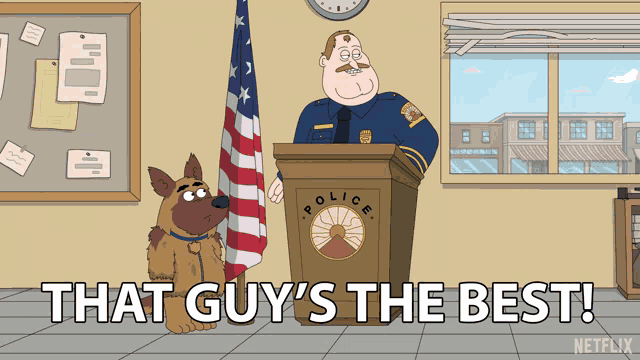 a cartoon of a police officer giving a speech with the words that guy 's the best