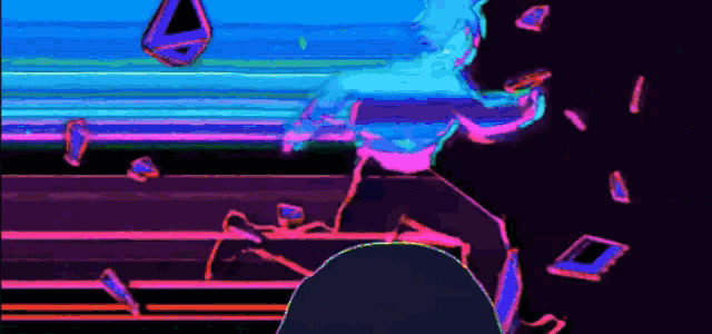 a cartoon of a person running with a purple and blue background
