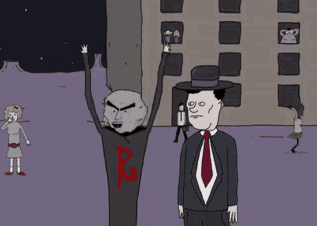 a cartoon of a man in a suit and tie standing next to a man with a g on his shirt