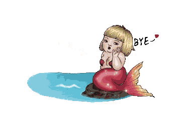 a pixel art drawing of a mermaid with the words bye written on the bottom