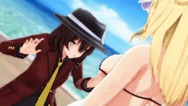 a man in a hat is touching a woman 's butt