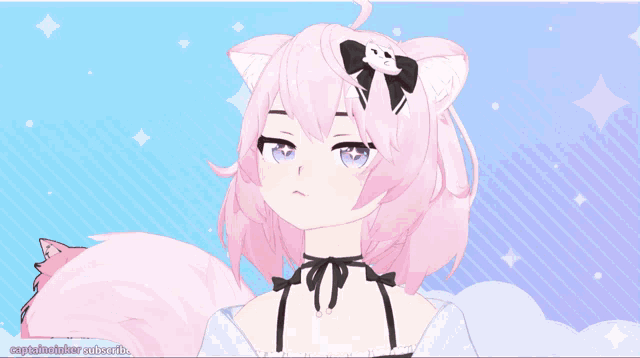 a drawing of a girl with pink hair and a black bow on her head