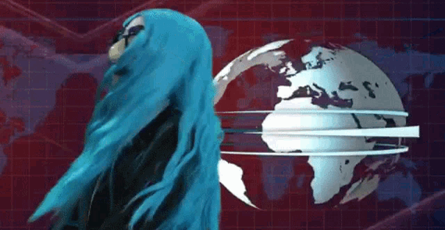a woman with long blue hair is standing in front of a globe